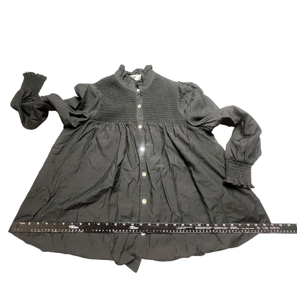 Pomander Place Womens XL Black Smocked Ruffle Neck Button Front Blouse Top - Picture 9 of 10
